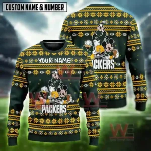 Alt text: A Green Bay Packers-themed Christmas sweater featuring Disney characters Mickey, Goofy, and Donald, with space for a custom name and number.