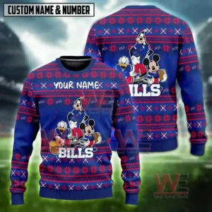 Alt text: A Buffalo Bills-themed Christmas sweater with Disney characters Mickey, Goofy, and Donald, and space for a custom name and number.