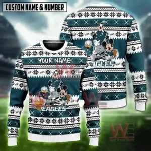 Alt text: A Philadelphia Eagles-themed Christmas sweater with Disney characters Mickey, Goofy, and Donald, and space for a custom name and number.