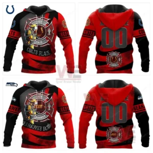 Red and black firefighter themed hoodie shown from front and back with football team elements!