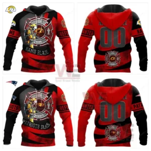 NFL Football Team Firefighter Hoodie 17 Red and black hoodie with firefighter graphics and football team elements shown from two angles!