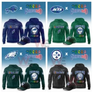 Football team themed hoodies and caps with Grateful Dead style designs shown in various colors!