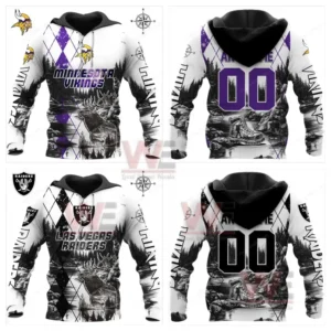 White and black hiking style hoodies with mountain graphics and football team logos shown from front and back!