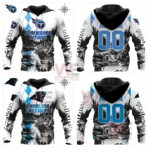 Hiking themed white and black hoodies with football team graphics and nature artwork shown from two angles!