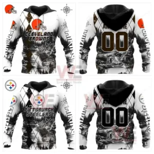 Nature themed hiking hoodies with football team logos shown in front and back views!
