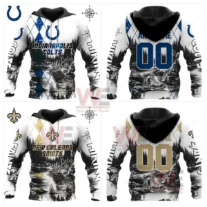 Hiking inspired hoodies with mountain scenery and football team branding shown from two sides!