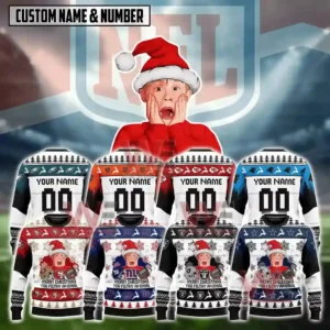 Alt text: A collection of Home Alone-themed Christmas sweaters featuring various NFL teams, with a personalized name and number option.