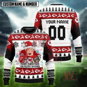 NFL Football Team Home Alone Ugly Christmas Sweater 11 Alt text: A Kansas City Chiefs Home Alone-themed Christmas sweater with the quote