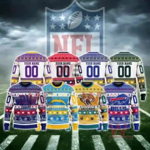 Alt text: A variety of NFL team logo-themed Christmas sweaters with customizable name and number options.