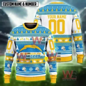 NFL Football Team Logo Ugly Christmas Sweater 10 Alt text: A Los Angeles Chargers-themed Christmas sweater with a team logo and space for a custom name and number.