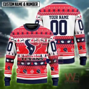 NFL Football Team Logo Ugly Christmas Sweater 11 Alt text: A Houston Texans-themed Christmas sweater featuring the team logo and space for a custom name and number.
