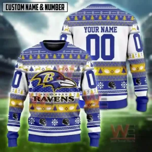 NFL Football Team Logo Ugly Christmas Sweater 12 Alt text: A Baltimore Ravens-themed Christmas sweater featuring the team logo and space for a custom name and number.