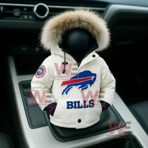 White Bills mini jacket cover with fur hood on a car console.