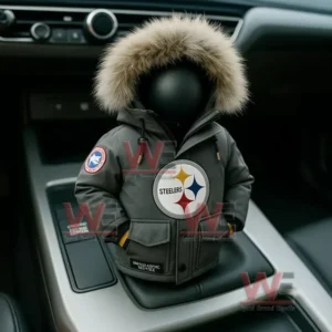 NFL Football Team Mini Down Jacket Car Gear Shift Cover 5 Gray Steelers mini jacket cover with fur hood on a car console.
