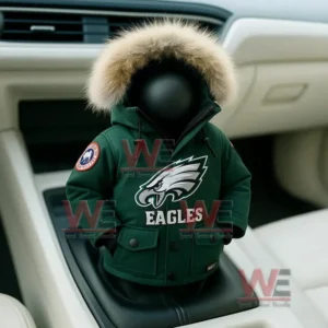 NFL Football Team Mini Down Jacket Car Gear Shift Cover 6 Green Eagles mini jacket cover with fur hood on a car console.