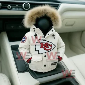 NFL Football Team Mini Down Jacket Car Gear Shift Cover 7 White Chiefs mini jacket cover with fur hood on a car console.