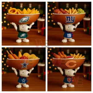 Four Snoopy figures stand on a wooden table holding team themed bowls filled with assorted snacks in a warm light filled setting!