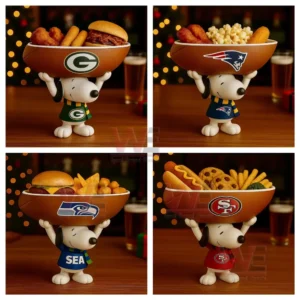 NFL Football Team Snoopy Snack Tray 10 Four Snoopy figures hold team decorated bowls full of snacks on a wooden table under warm decorative lighting!