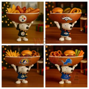 NFL Football Team Snoopy Snack Tray 11 Four Snoopy figures carry team styled snack bowls holding assorted foods on a warmly lit table!
