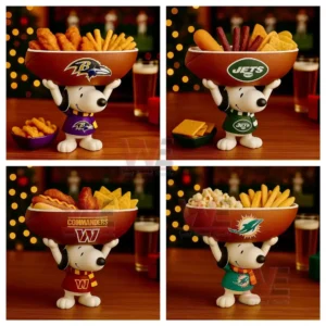 NFL Football Team Snoopy Snack Tray 12 Four Snoopy figures stand on a wooden table raising team themed bowls full of assorted snacks in a warm decorative scene!