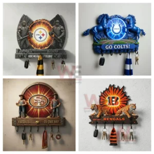 NFL Football Team Spirit Guardian Wall Key Holder 6 A four panel collage of NFL themed wall key holders featuring sculpted team figures vibrant lighting and multiple hooks for keys!