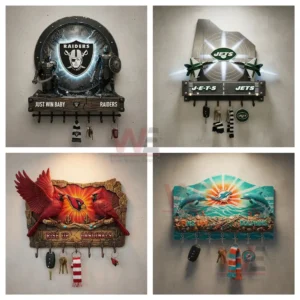 NFL Football Team Spirit Guardian Wall Key Holder 7 A four panel collage of NFL team key holders showing sculpted mascots glowing team emblems and multiple hanging hooks!