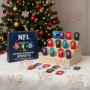 A festive NFL Advent calendar display with miniature retired player jerseys and a decorated Christmas tree in the background.