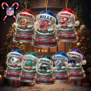 NFL themed snow globe ornaments with football helmets and team logos in a festive Christmas setting.