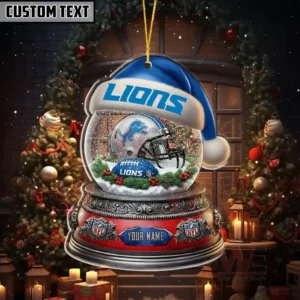 Detroit Lions snow globe ornament with blue Santa hat and space for customizable name.