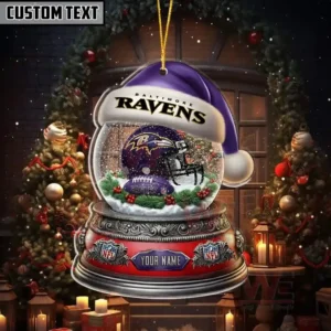 Baltimore Ravens Christmas snow globe ornament with purple Santa hat and custom name section.