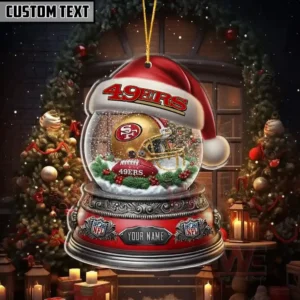 San Francisco 49ers snow globe ornament with red Santa hat and customizable nameplate.