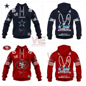 Football team hoodies with Bad Bunny themed Super Bowl graphics shown from front and back!