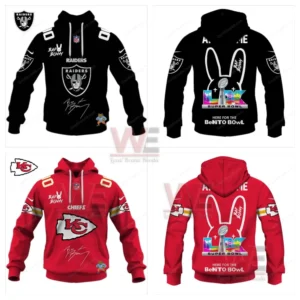 Raiders and Chiefs hoodies with football and Bad Bunny themed Super Bowl designs!