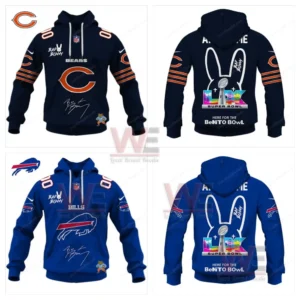 Bears and Bills hoodies with team graphics and Bad Bunny Super Bowl artwork!