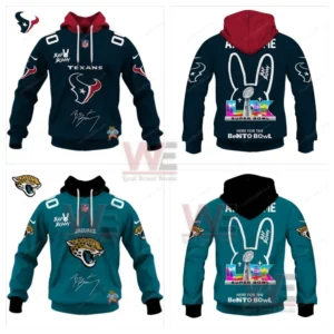 Texans and Jaguars hoodies with football team designs and Bad Bunny Super Bowl artwork!