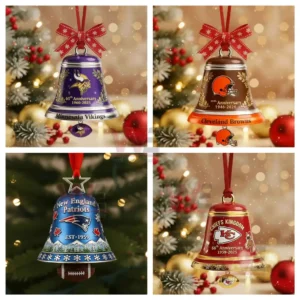 Four colorful team themed Christmas bell ornaments hang on a tree surrounded by bright lights and festive decor.