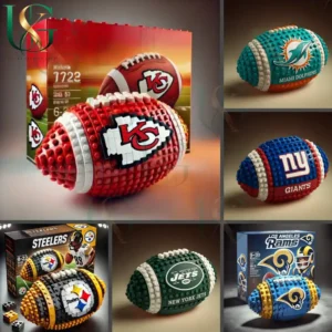 NFL themed brick footballs representing various teams such as the Chiefs, Dolphins, Giants, Steelers, Jets, and Rams arranged with packaging and logo details!