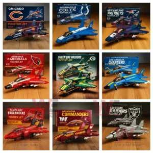 Custom NFL Team Fighter Jets Building Blocks 10 NFL fighter jet models featuring teams like Patriots, Packers, and Raiders.
