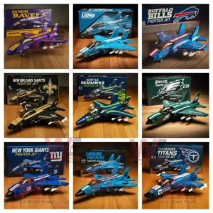 NFL team fighter jet models with boxes featuring different team logos and colors.