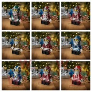 NFC team building block figures displayed in front of Christmas lights and gifts.