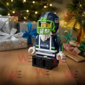 Seattle Seahawks building block figure with Christmas gifts and lights.