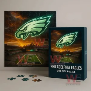 Puzzle of a football stadium with a large eagle logo shining over the field during sunset!