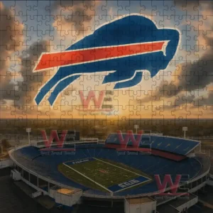 NFL Team Home Stadium Puzzle (1000 Pieces) 9 Close puzzle view of a stadium with a large buffalo icon set against a dramatic evening sky!