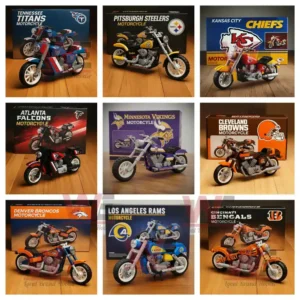 Custom NFL Team Motorcycle Building Blocks 9 NFL motorcycle building sets featuring AFC team designs and logos.