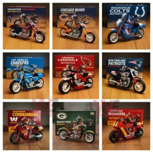 Custom NFL Team Motorcycle Building Blocks 10 NFL motorcycle models representing multiple football teams with themed packaging.