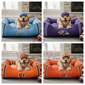 Four puppies rest in team colored pet beds indoors each wearing a matching team cap.