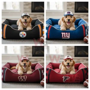 Four puppies lie in soft team themed beds indoors each with a matching cap.