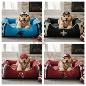 Four puppies sit in colorful team themed beds indoors each wearing a team cap.