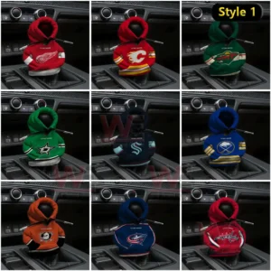 NHL car gear shift hoodie collection with designs for Red Wings, Flames, Stars, and other teams.