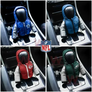 NFL car gear shift puffer jacket covers featuring Cowboys, Lions, Chiefs, and Eagles team logos.